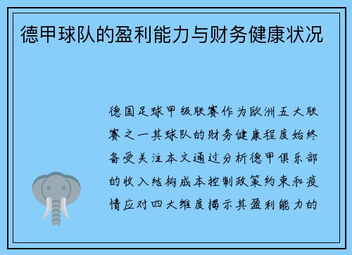德甲球队的盈利能力与财务健康状况